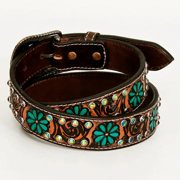 BAR H EQUINE Turquoise Flower Hand Carved Western Leather Men And Women Belt Brown